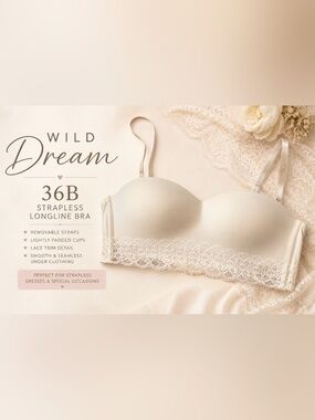 Wild Dream 36B Ivory Strapless Longline Bra Lace Trim Convertible Padded Bandeau
